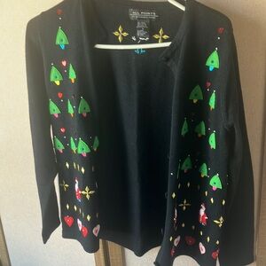Festive all points Black Cardigan with Colorful Tree and Heart Design small